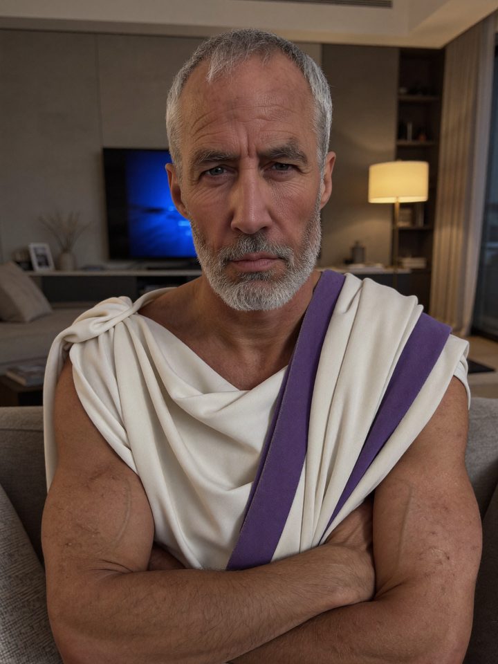 Senator Lucius in his toga, arms folded, in a modern living room at night