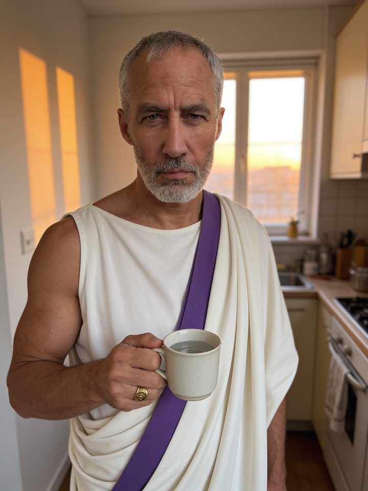 Senator Lucius holding a cup in a kitchen at dawn